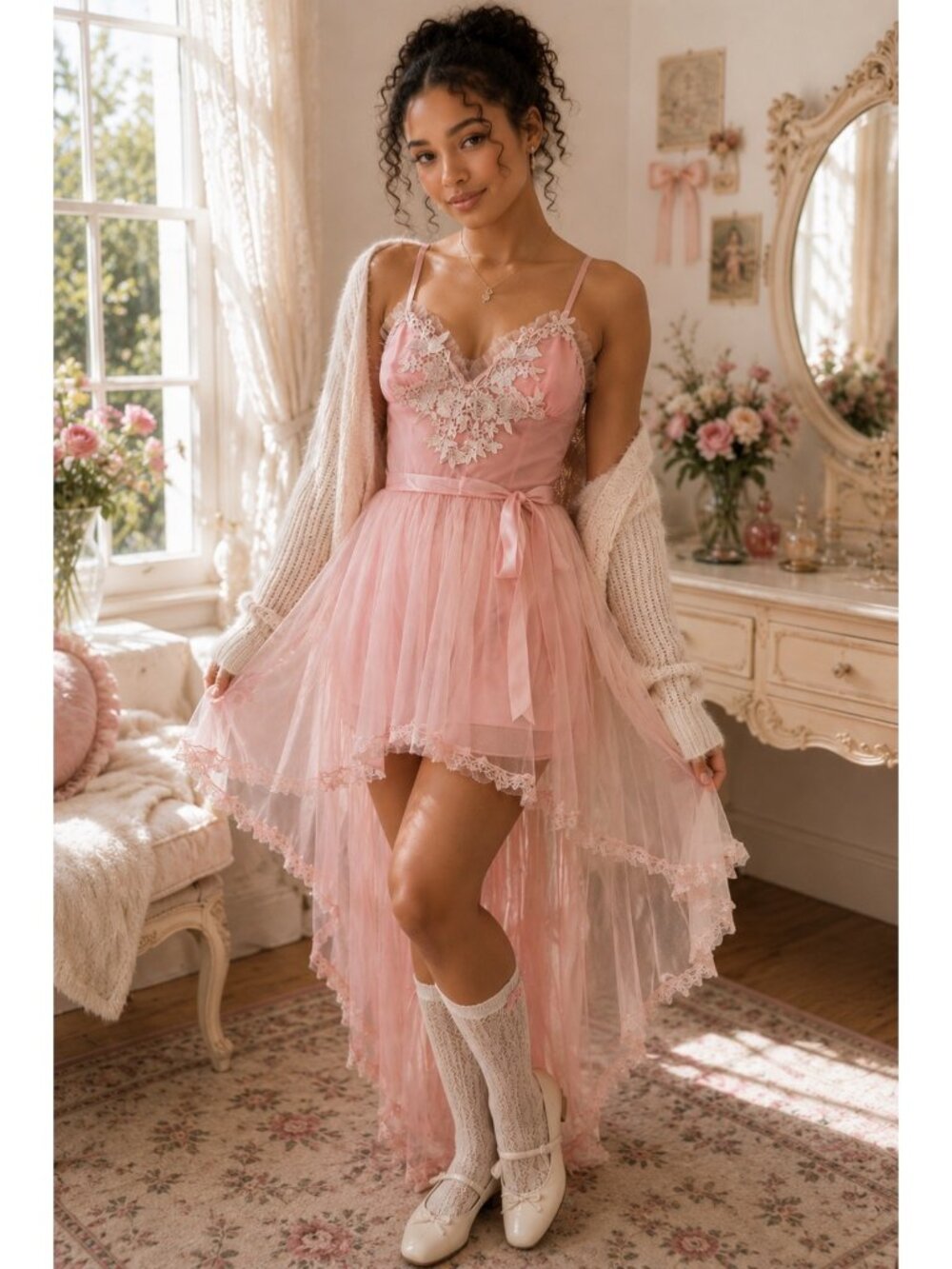NWT Sugar Thrillz Pink Lace High Low Babydoll Dress Coquette Fairycore S